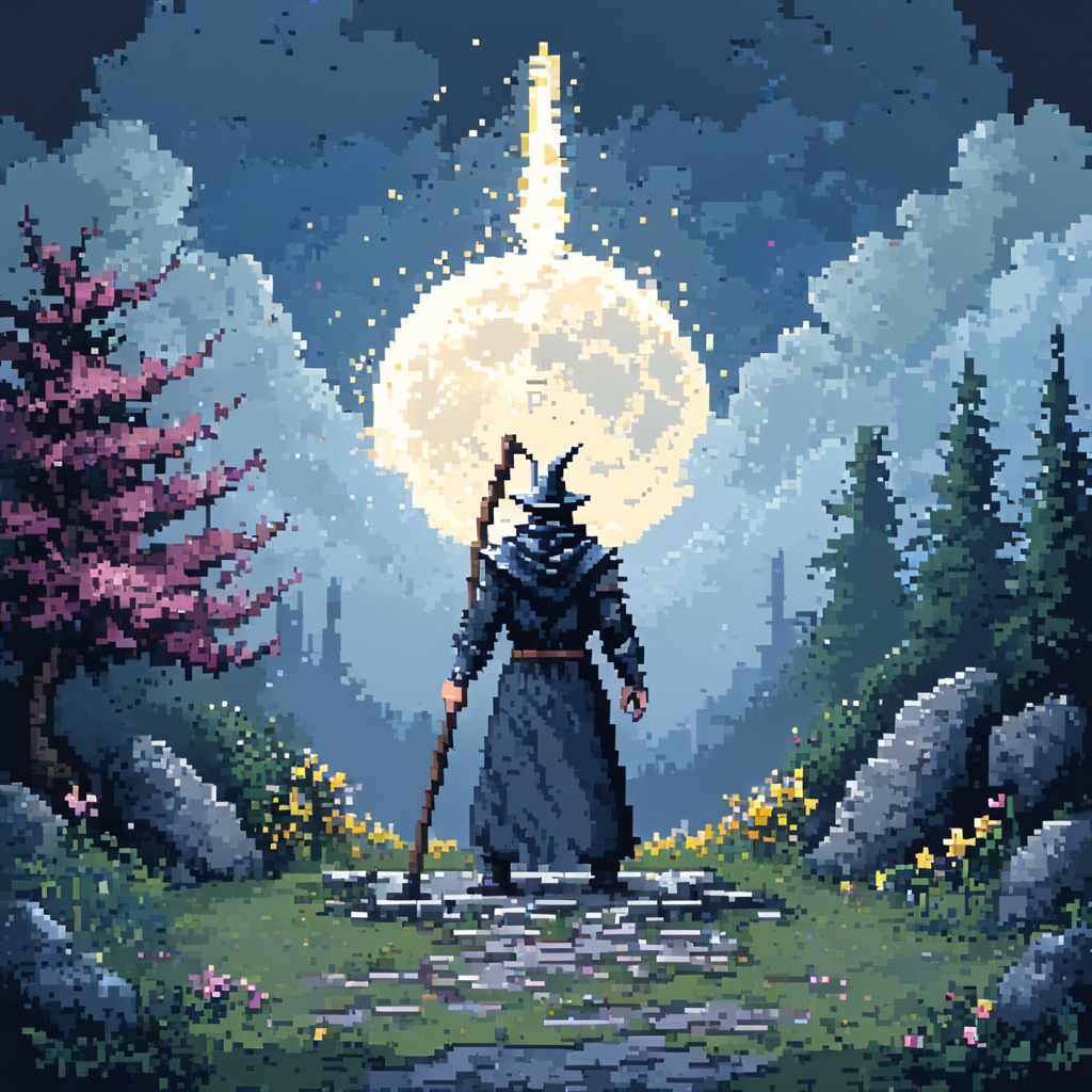 00059-3466377698-_lora_Pixel_Art_Styles_1_ ArsMJStyle, Pixel Art, fewP, The image shows a man standing in front of a castle in the middle of a fi.png